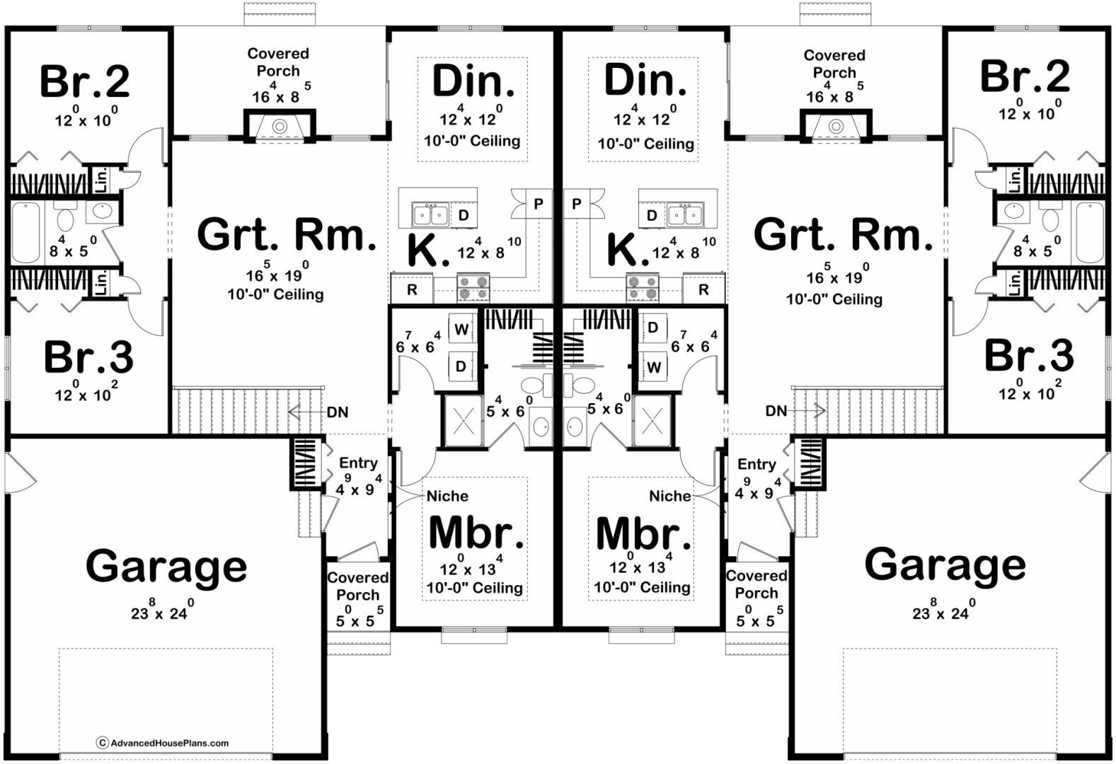 1 Story MultiFamily Traditional House Plan Banks