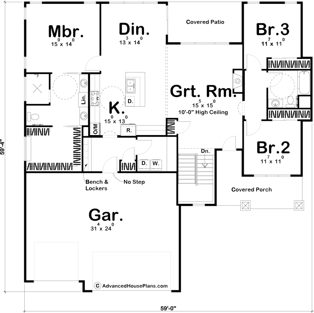 1 Story Bungalow Style House Plan | Ridgeway