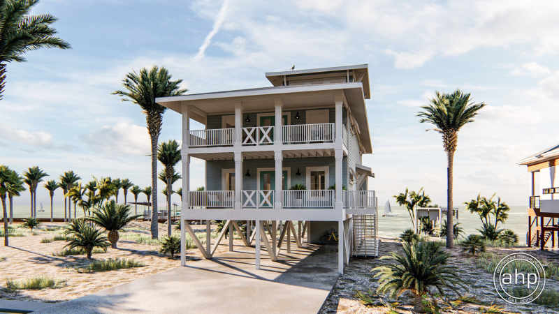 3 Story Coastal Style House Plan, Narrow Beach House Plans On Pilings