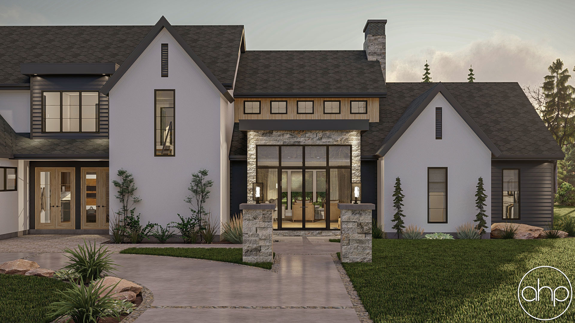 Modern Cottage Style House Plan Grandview 2024   30374 Grandview Front Sunset 